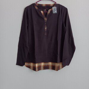 Belle by Kim Gravel TripleLuxe Knit Flannel Trim Top - Espresso (Sz XXS) a518252